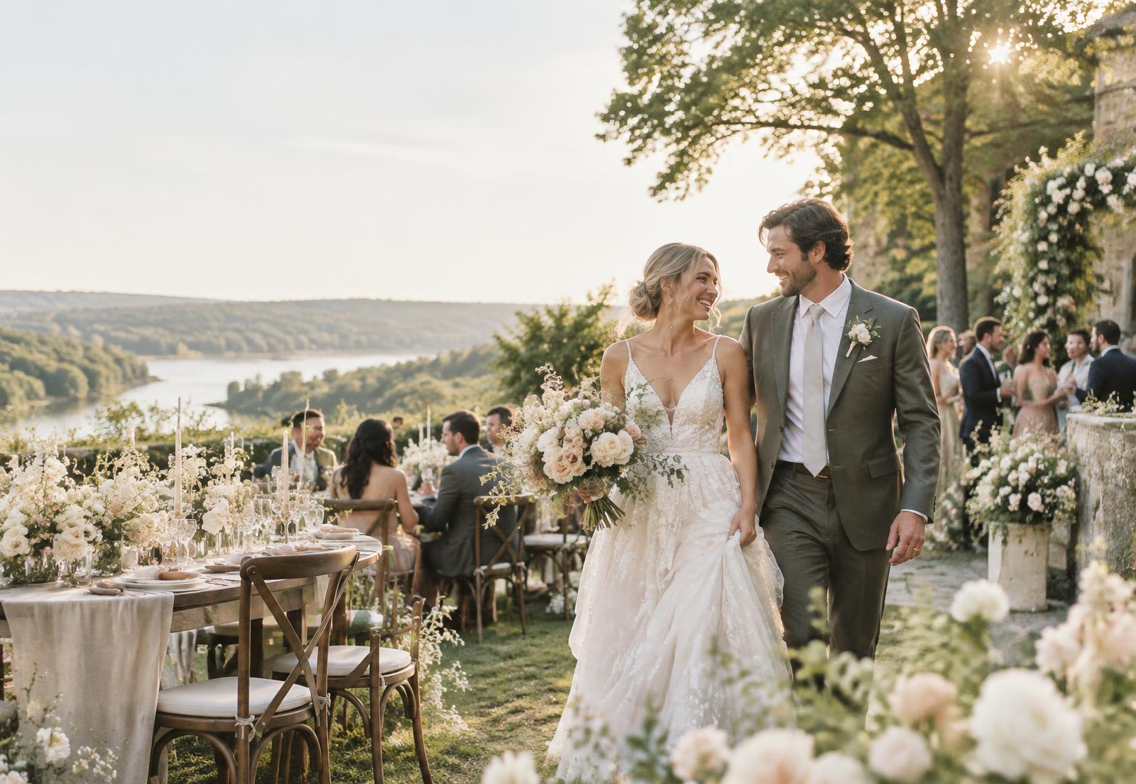 Newlyweds walking through a flower-filled outdoor wedding reception overlooking the St. Croix Valley