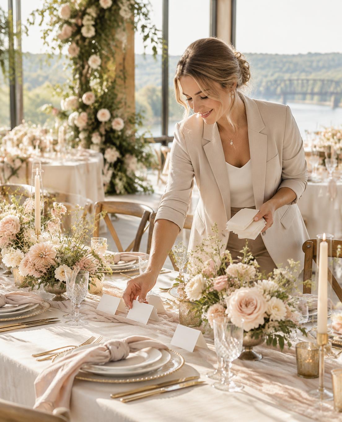 Wedding planner arranging place cards at a bright St. Croix Valley reception